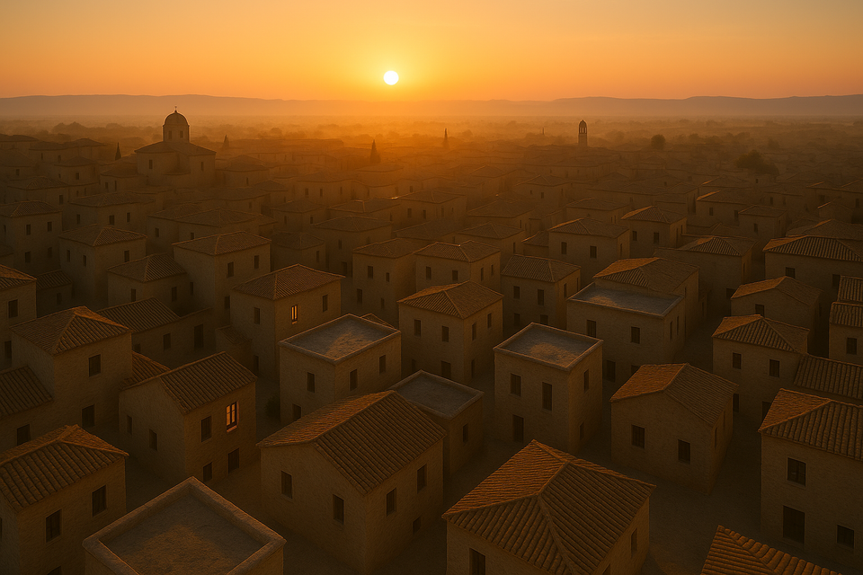 Early dawn overlooking a small city, reminiscent of early Florence Italy